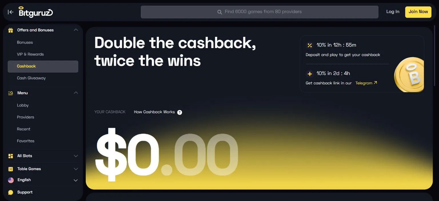 Bitguruz cashback page showing daily and weekly cashback portions