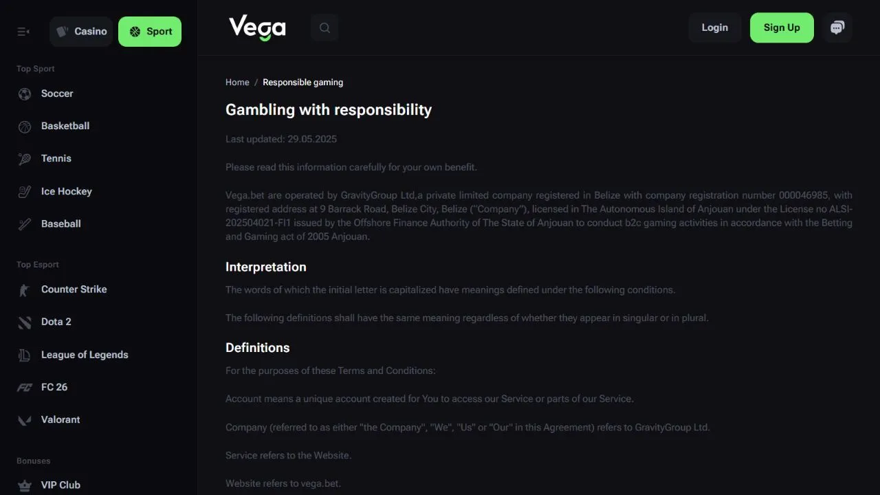 Vega.bet responsible gambling information and account controls