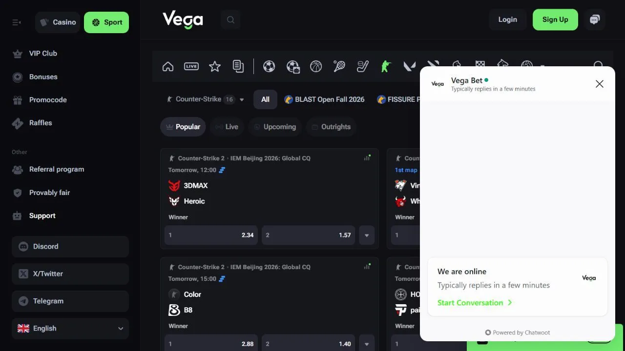 Vega.bet support chat showing live assistance availability